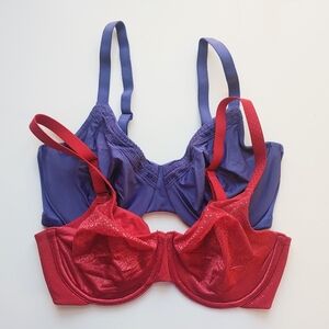 Wacoal Unlined Underwire Bras in Blue & Red, 34DD  (~34E)